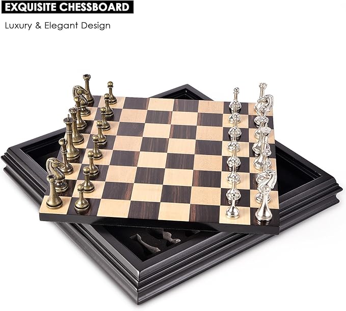 AMEROUS 12.5 inches Wooden Chess Set with Metal Chess PiecesClassic Board Game w/ 2.5'' King/Storage for Chessmen/Instructions Chess Sets for Adults Kids Beginner