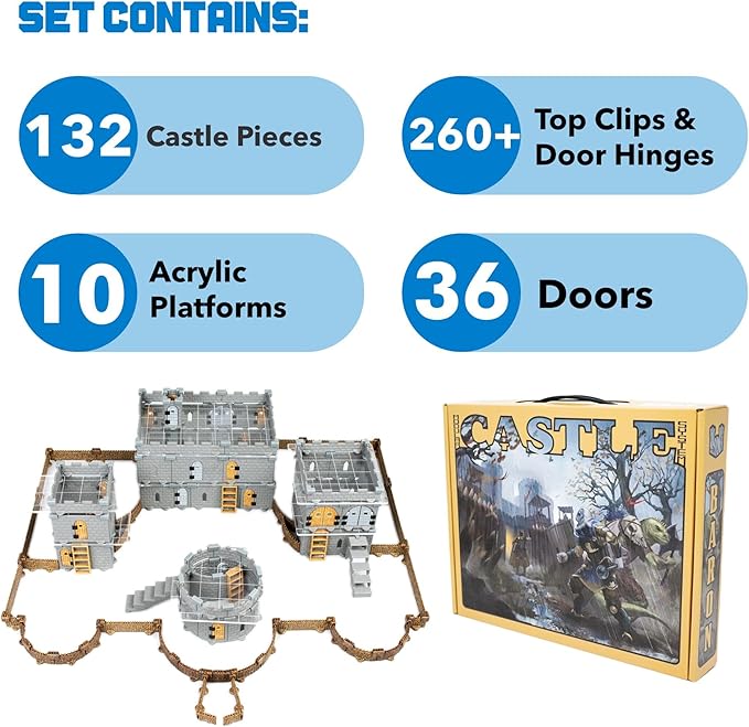 Dirt Cheap Dungeons Baron Castle Set - 451pc Modular Mega-Fortress Kit - 53ft of Linear Walls for 1 Grid TTRPG - D&ampD Pathfinder Daggerheart