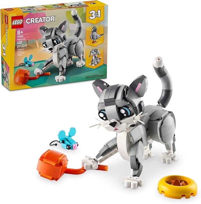 LEGO Creator 3 in 1 Playful Cat Toy - Building Toy with 3 Building Options Cat Dog or Pigeon - Birthday Gift for Kids - Animal Figures for Kids Girls and Boys Ages 8+ - 31163