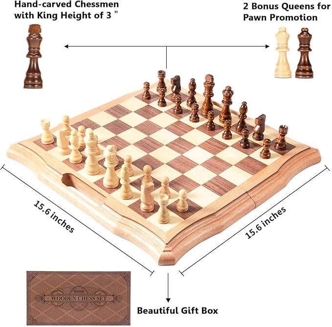 AMEROUS 15.6 inches Magnetic Wooden Chess Set Handheld Style Chess Board Game Sets with Game Pieces Storage Slots - 2 Extra Queens - Gift Package Chess for Beginner Kids and Adults
