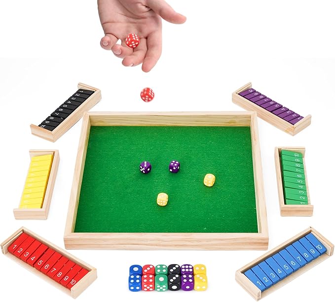 Upgraded 1-6 Players Shut The Box Dice Game with 12 Dice Wooden Classic Board Games Traditional Table Math Game Tabletop Math Dice Game for Pub Bar Home Classroom Party