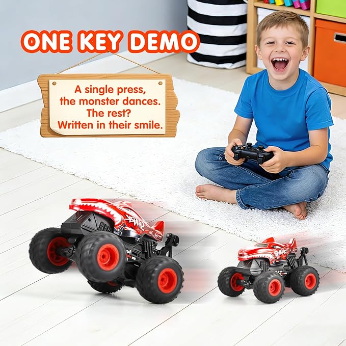 DYODYORC Remote Control Car 2.4Ghz All Terrain Shark Monster Truck Toys RC Truck with Music 3 Lighting Effects 360 Stunt Capable 2 Batteries Ready to Run Toy Gifts for Boys and Girls (Red)