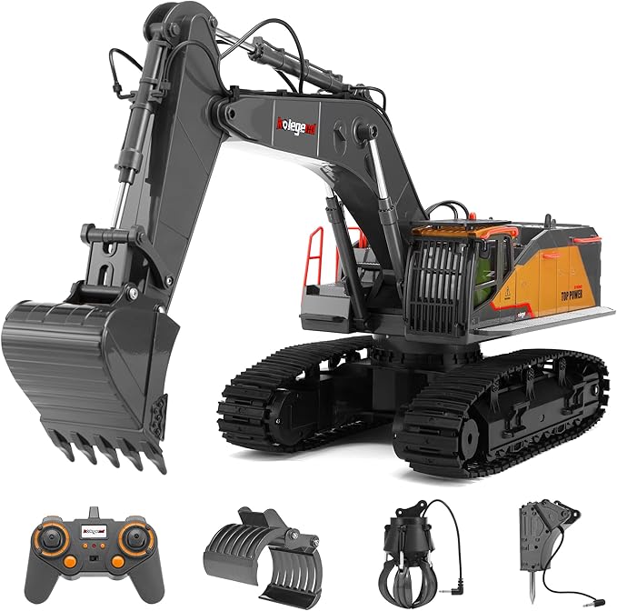kolegend 1:14 RC Excavator 25 Channel 4 in 1 Construction ToysRemote Control Vehicles Tractor Sandbox Toys Diggerwith Metal BucketDrill BitGripper &amp Wood Gripper RC Truck