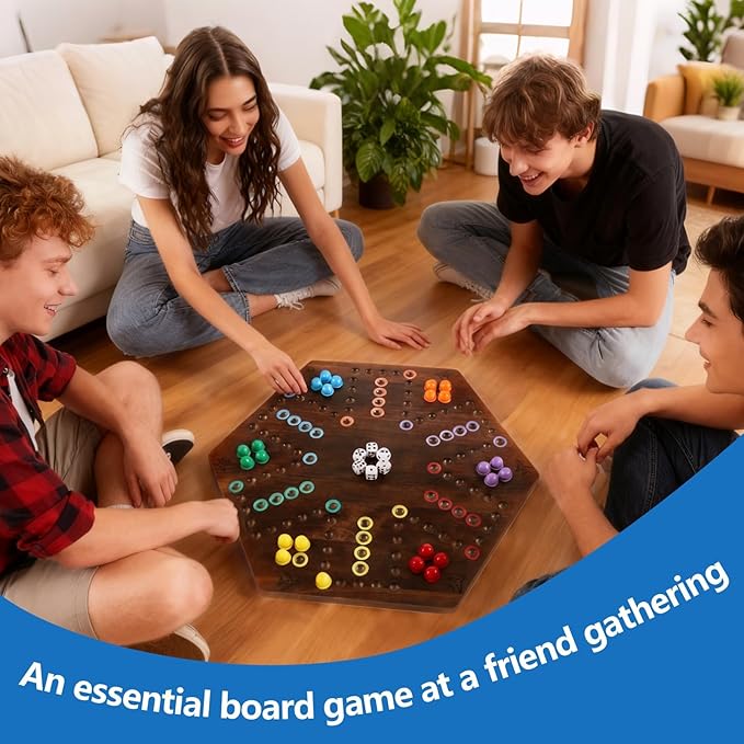 Large Size 20 inches Wood Wahoo Marble Board Game 2 Sided Game 4-6 Player for Friends and Family Party Classic Wahoo Style Strategy Racing Game with 6 Dices30 Marbles (Rustic Brown)