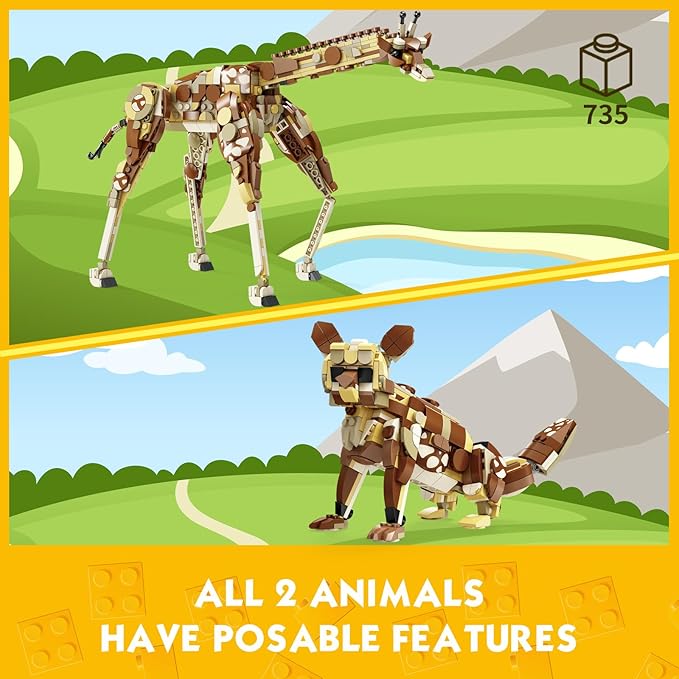 KAZI Creator 2 in 1 Wild Safari Animals Building Set Rebuilds into Giraffe or Corsac Fox Toy Figures Nature Toys for Kids Ages 8 Years Old and UpEaster Basket Stuffers