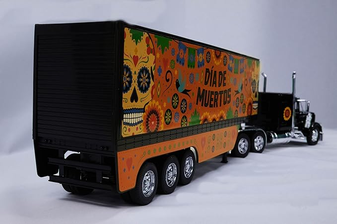 Shop72 1:32 Scale Toy Truck with Trailer Diecast Semi Long Hauler Truck Collectible Long Hauler with Dry Van Trailer Diecast 18 Wheelers Semi Replica Kenworth W900 Model - Dia DE Los Muertos