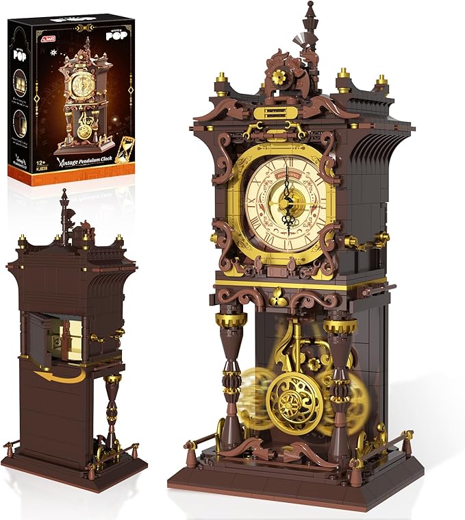 Vintage Swing Clock Building Blocks Set Real Working Moving Pendulum &amp Rotating Dial Mechanical Building Blocks Toys Gift for Adults Teens Girls Boys 12+ Retro Steampunk Home Decor