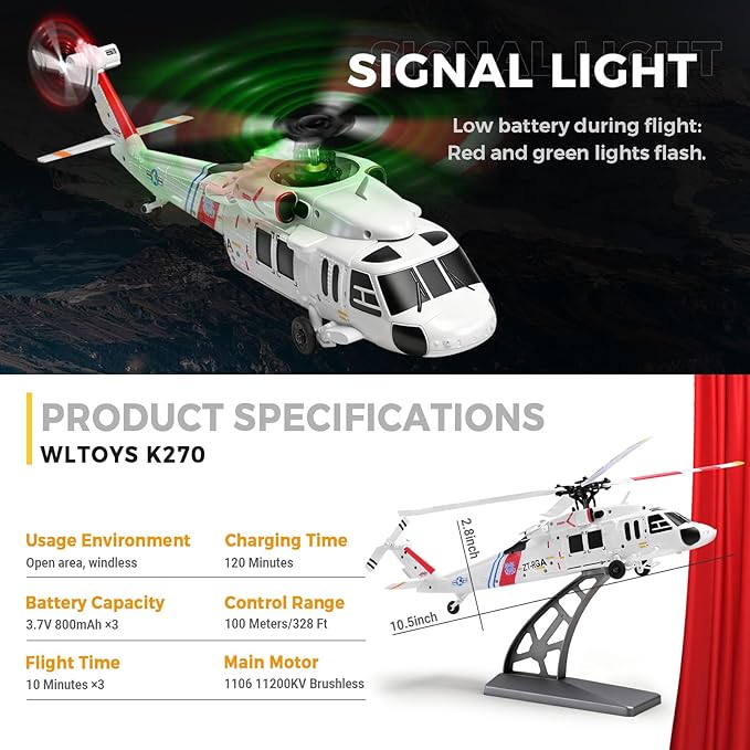 CKYSCHN UH60L Black Hawk RC Helicopter Brushless 4CH WLtoys K270 Remote Control Helicopter with Optical Flow Positioning for Adults 2.4G RC Aircraft 3 Batteries