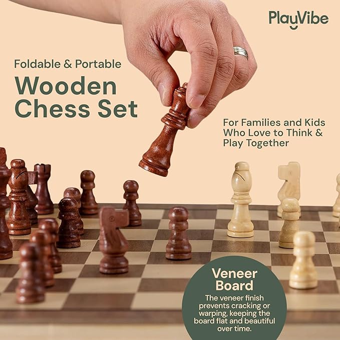 PlayVibe Wooden Chess Set 15'' Board Games for Families with 2 Extra Queens - Handmade Wooden Chess &amp Checkers Portable Folding Travel Board Outdoor Park &amp Garden Play Spring Gift for Adult