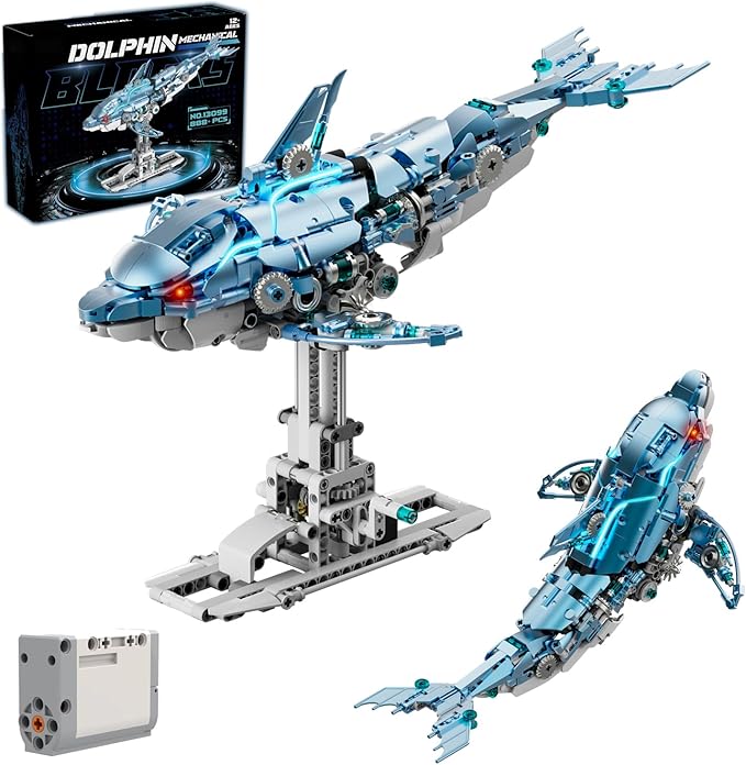 Mechanical Blue Dolphin Building Blocks Linkage Kit Sea Animal Model with Lighting Display Stand STEM Power Toy DIY Desktop Ornament for Kids &amp Adults Ages 12+ Birthday Gift Idea 888pcs