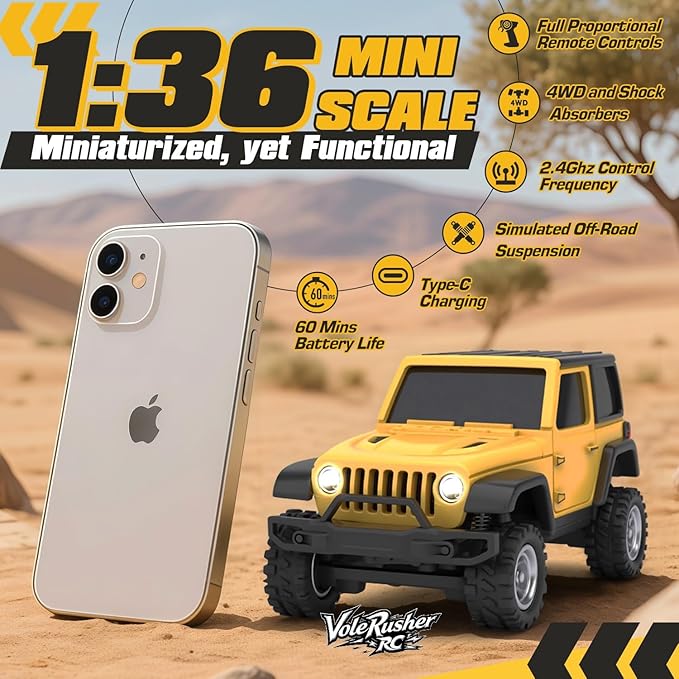 [4WD Edition 1/36 Scale Mini RC Crawler Car Toys for Age 8-14 Old Birthday Gifts Micro RC Truck 4×4 Small Cars with Off Road Full Proportional RTR 2.4GHz Remote - Yellow