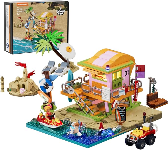 Beach Lifeguard Tower Lighting Building Bricks Set - 1015 Pcs Road Trip Lifeguard Tower Light Construction Building Model Set for Adults and Travelling Lovers