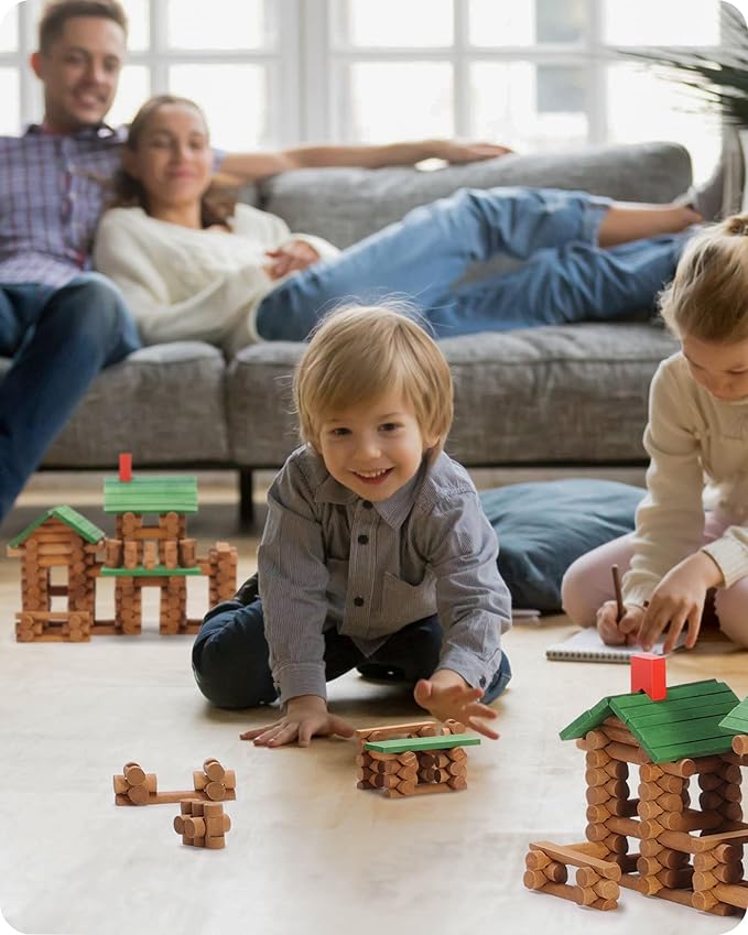 SainSmart Jr. 665 PCS Wooden Log Cabin Set Building House Toy for Toddlers Classical STEM Construction Kit Compatible with Lincoln Logs for 3+ Kids