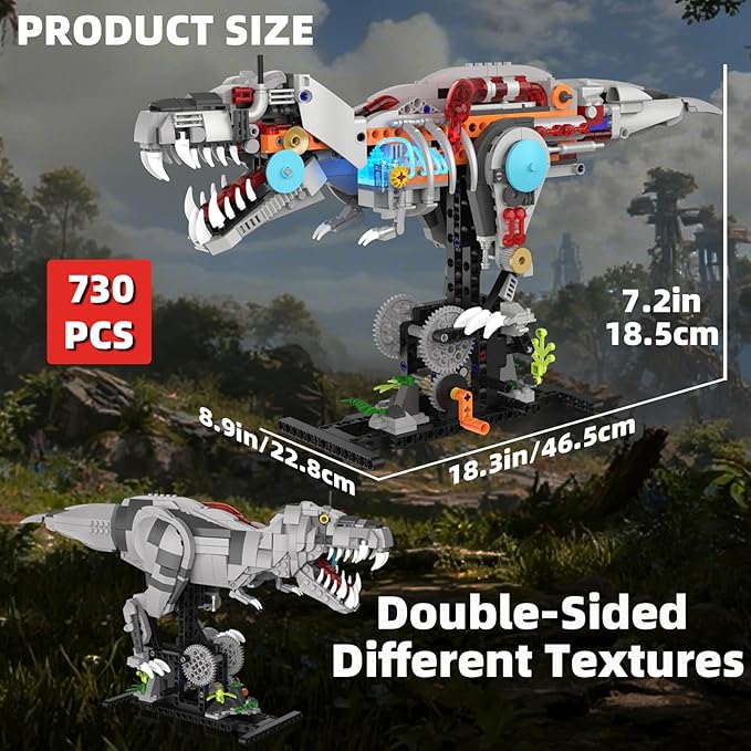 Mechanical T-Rex Dinosaur Building Set with Lights Rotatable Components &amp Display Stand STEM Building Toy for Boys 8-14 Home Office Decor for Adults Mechanical Enthusiasts (730PCS)