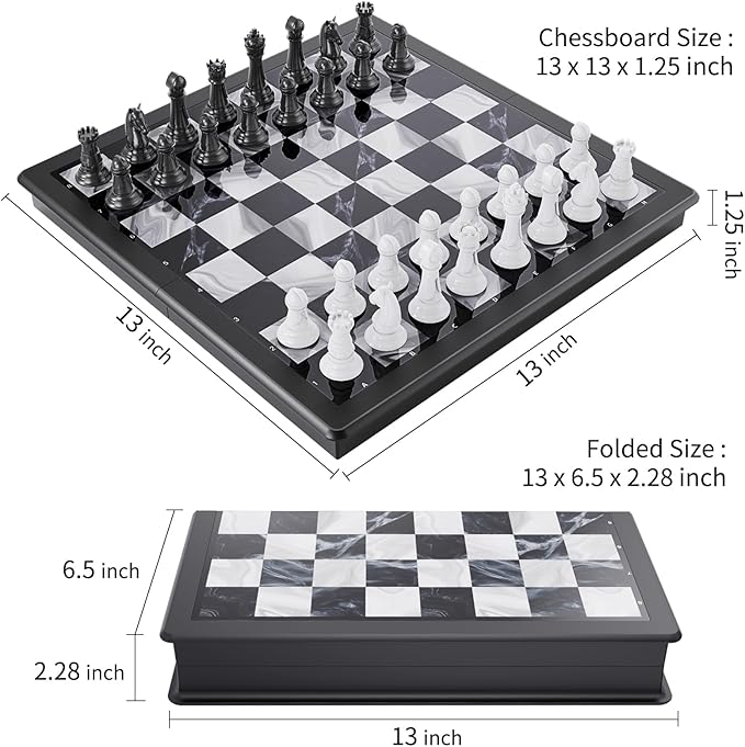 2-in-1 Chess Set and Magnetic Checkers Set - Foldable 13-inch Travel Board Game Durable Plastic Puzzle and Strategy Toys for Kids and Adults