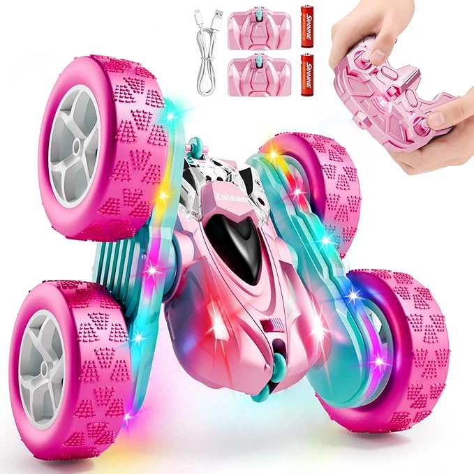 RC Car Pink 4WD Remote Control Car 360° Flip Double‑Sided LED Light Bar &amp Quick‑Swap USB‑C Modular Battery 2.4 GHz No‑Interference Popular Outdoor Beach Toy Popular Gift for Girls Ages 6‑12