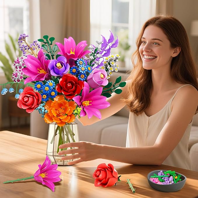 Flowers Bouquet Building Set with LED Light 21 Flower Botanical Collection Block Toy Rose Home Plant Decor 1054PCS for Her Adults Women Mom Kids Girls 12+ (RED)
