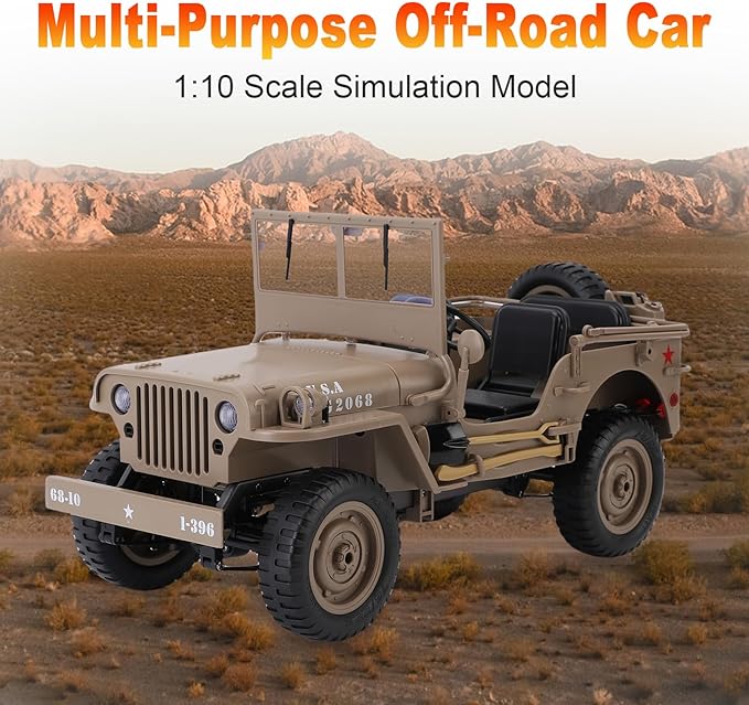 RC Crawler 1:10 Scale D888 Willys Military Jeep 2.4Ghz 4WD Off Road Rock Crawler with Lights Removable Accessories All Terrain RC Jeep Toy for Adult Teens-Upgradable (2 Batteries)