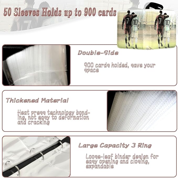 Soccer Card Binder - 900 Capacity 9-Pocket Trading Card Album 3 Ring Card Holder Binder Waterproof PU Leather Zip Closure Perfect Christmas Birthday Gift for Kids &amp Collectors