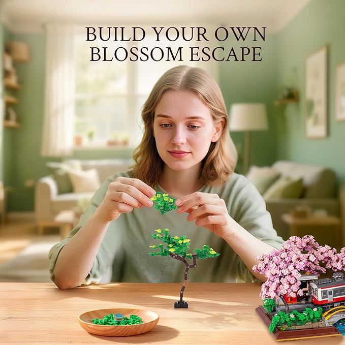 Wise Block Cherry Blossom Train Diorama Building Set – Japanese Artificial Bonsai Tree Building Toy Building Block Set for Home Office Botanical Decor Birthday Gifts for Adults 3150 Pcs