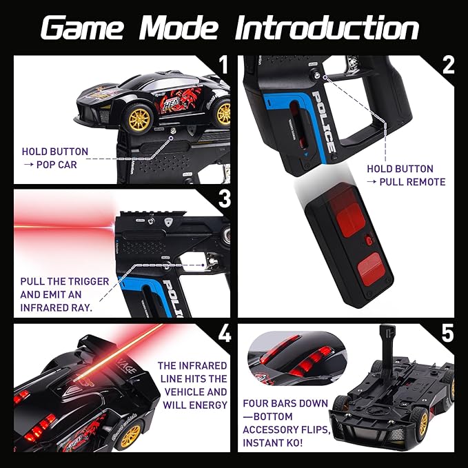 3-in-1 RC Drift Car Remote Control 1:24 Police/Sports/Racing Rechargeable 2-Player Battle Set with Infrared Gun Knock-to-Flip 60 Min Play for Kids 4 5 6 7 8 9 Year Old (Black)
