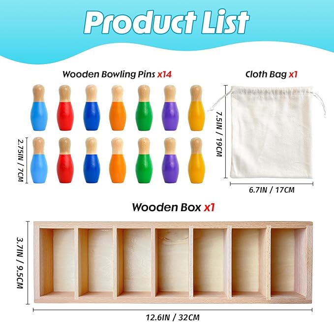 pamexin Family Games for Kids Wooden Bowling Color Matching Game with 7 Bright Pins and Storage Bag Family Board Games Party Birthday Gift Fun Party Game for Boys Girls