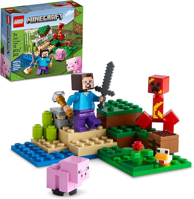 LEGO Minecraft The Creeper Ambush Building Toy 21177 Pretend Play Zombie Battle Gift for Kids Boys and Girls Age 7+ Years Old Ore Mining and Animal Care with Steve Baby Pig &amp Chicken Minifigu