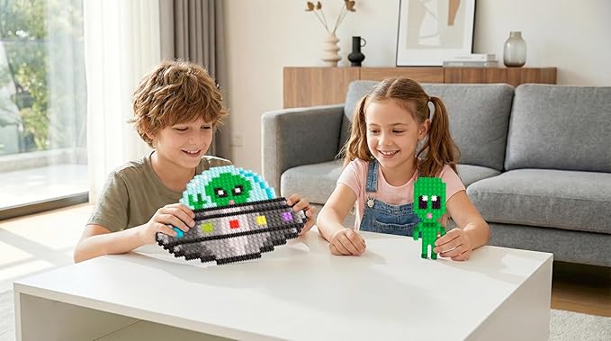 Pix Brix Space Bottle – UFO Set | 965-Piece 2D &amp 3D Alien Building Kit for Kids 8+ | Reusable Storage Bottle Keychain Clip Pixel Art Blocks | Creative STEM Toy Compatible with Major Brick Brand