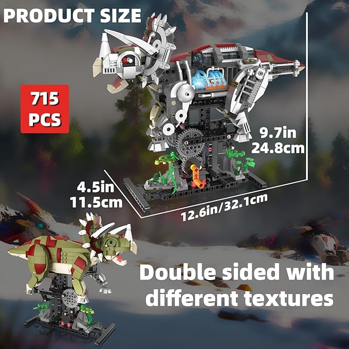 Mechanical Triceratops Dinosaur Building Set with Lights Rotatable Components &amp Display Stand STEM Building Set for Boys 8-14 Home Office Decor for Adults Mechanical Enthusiasts（715PCS）