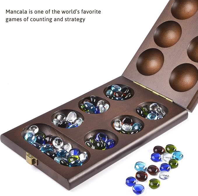 AMEROUS Wooden Mancala Board Game Set with 72+8 Bonus Multi Color Glass Stones - Folding Board - Mancala Instructions Classic Family Board Game for Kids Adults Tabletop Version