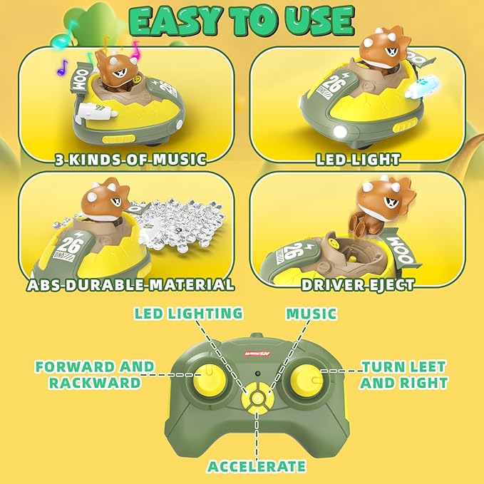 2 Pack Remote Control Car RC Bumper Cars Toys for Toddlers with LED Light and Music Dinosaur Figures Bump and Eject Toys RC Race Cars for Kids Boys Girls Gift