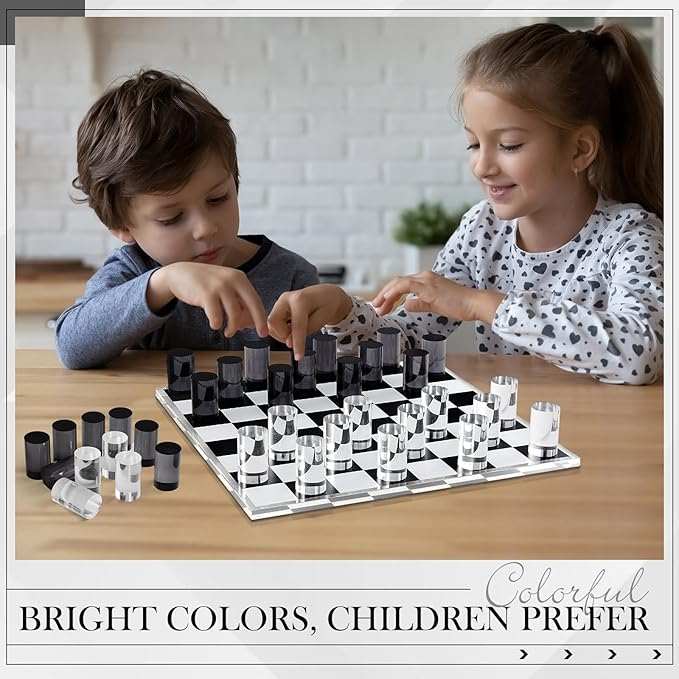 Acrylic Checkers Set 14 x 14 Inch Large Black Clear Modern Cylinder Table Game Board for Adults