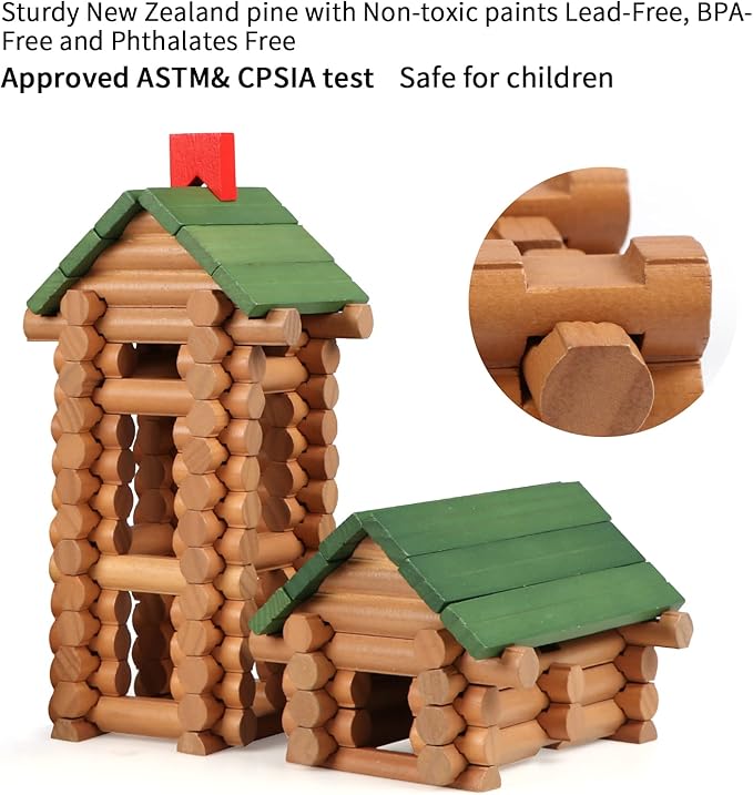 Wondertoys 328 Pcs Wooden Logs Set Ages 3+ Classic Building Log Toys for Kids Creative Construction Engineering Educational Gifts