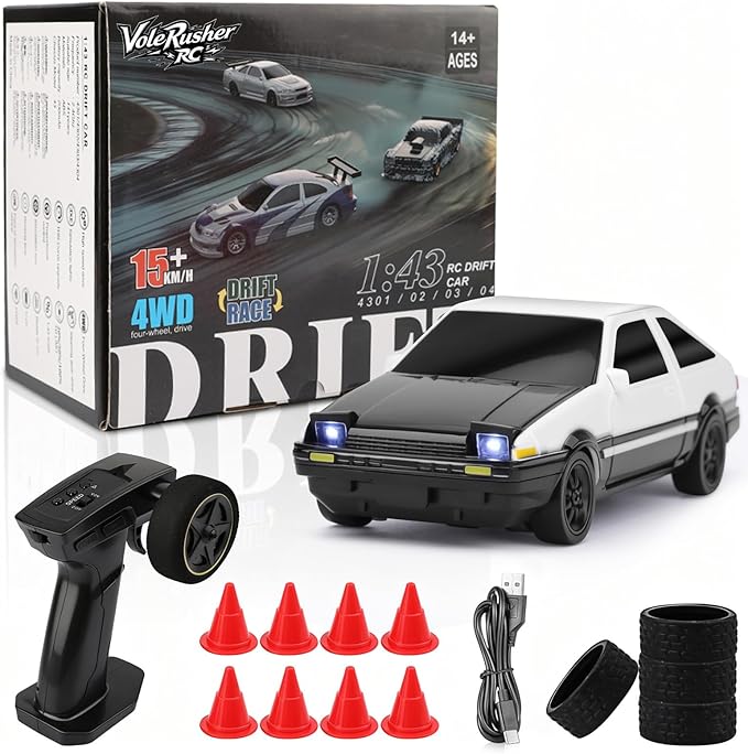 [4WD Edition 1/43 Scale Mini RC Drift Car Toys for Age 8-14 Old Birthday Gifts High Speed Racing Micro Small with Full Proportional RTR 2.4GHz Remote 2 Tire Sets 8 Cones - White