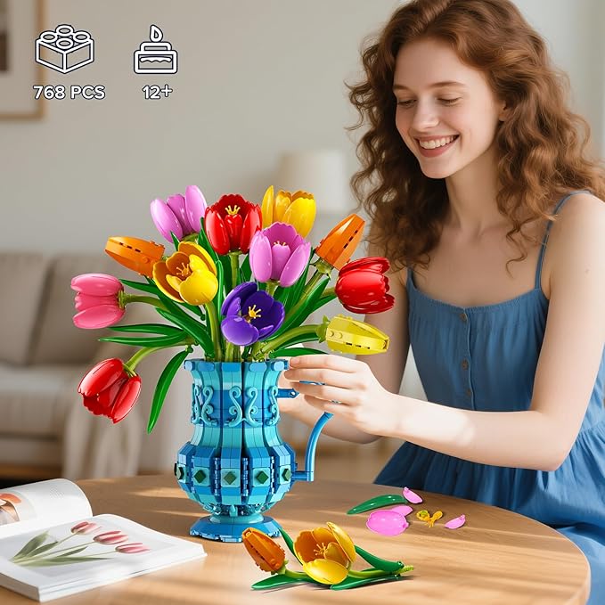 Flowers Bouquet Building Set with Vase - Tulips Bonsai Building Block for Adults Easter Gift for Her/Wife/Mom/Girlfriend 768PCS Artificial Plant Botanical Collection for Home Decor
