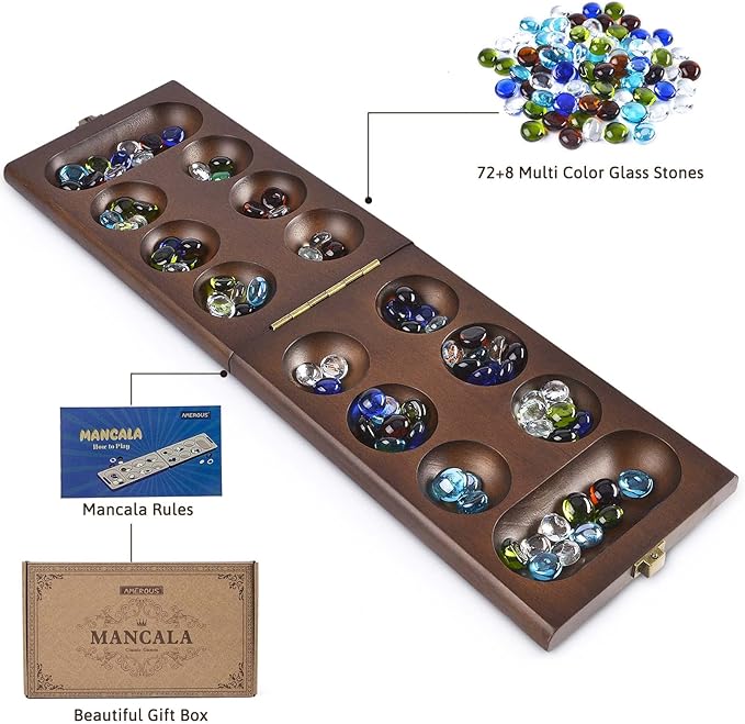 AMEROUS Wooden Mancala Board Game Set with 72+8 Bonus Multi Color Glass Stones - Folding Board - Mancala Instructions Classic Family Board Game for Kids Adults Tabletop Version