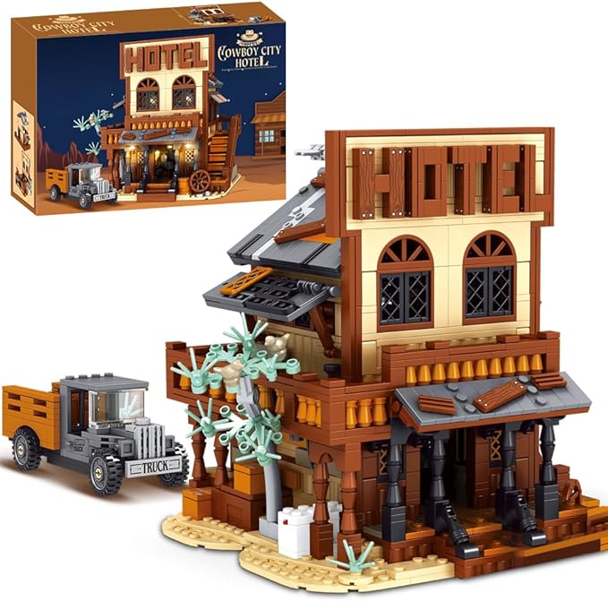 39115 Cowboy City Hotel Building Set with LED Wild West Western Modular Street Scene Model Creative Architecture Kit for Adults 1597 PCS