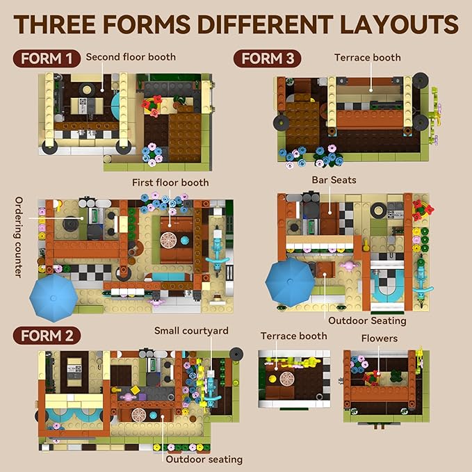3 in 1 Street View Coffee Shop City Building Set Compatible with City House Modular Simulation Architecture Construction Toy with LED Lights Gift for Adults and Girls Kids Aged 8+(875 PCS)