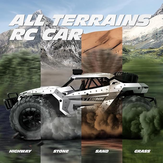 Tecnock RC Car 1/16 Scale Remote Control Car for Boys High Speed 20 Km/h All Terrains Rc Monster Truck with Two Rechargeable Batteries &amp Head Chassis Lights Gift Toy for Kids Adults Silver