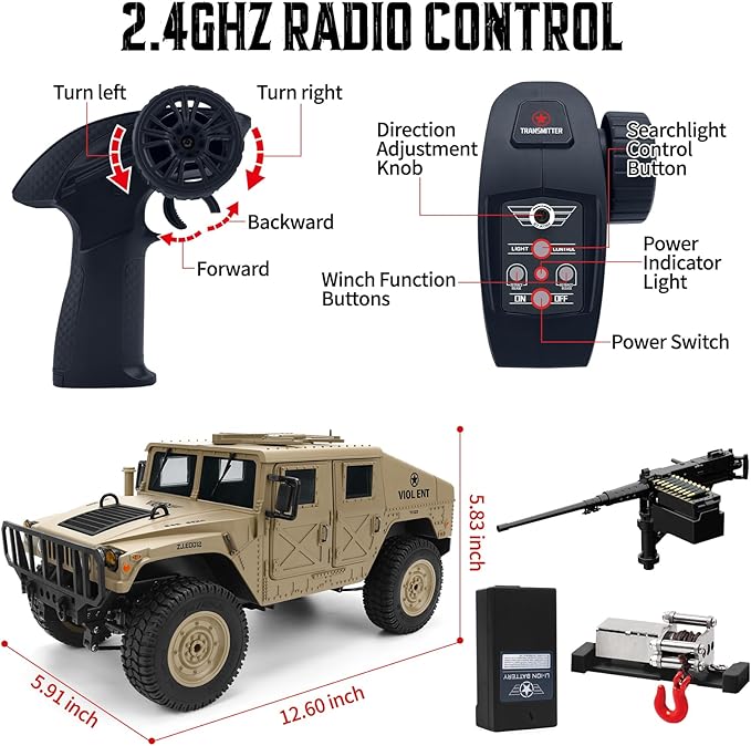 Remote Control Truck-4x4 Off-Road RC Trucks Army Rock Crawler Humme RTR 40Mins Play Time All Terrain RC Off Road Jeep Cars with WinchLights&ampOpenning Door Military Armored Vehicle Toys Gift for