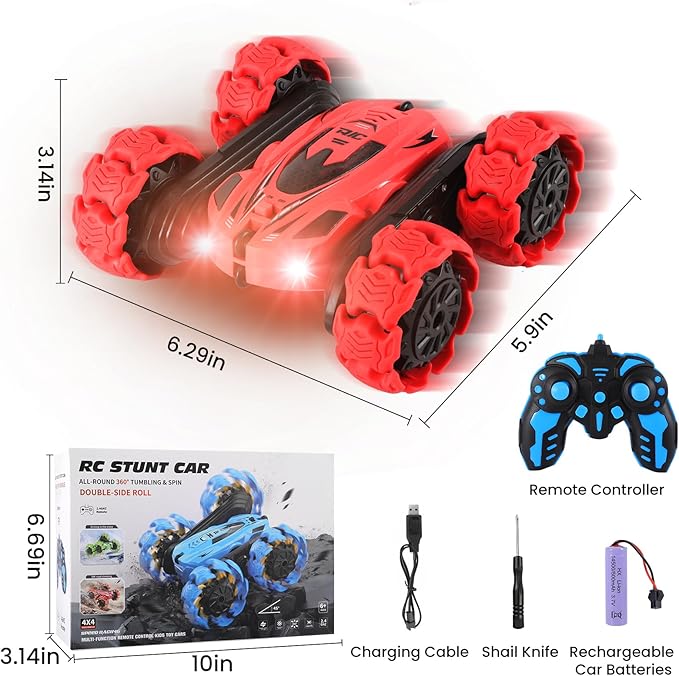 RC Stunt Car 360° Flips &amp Double-Sided Remote Control Truck with LED Lights 2.4GHz High Speed All Terrain Off-Road Toy Car Gift for Boys Girls Kids Ages 6-12 (Red)