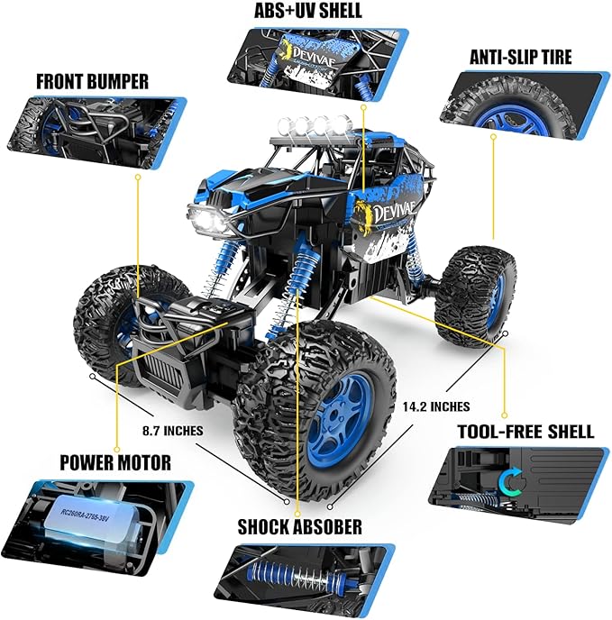 CROBOLL 1:12 Large Remote Control car for Boys Kids with Lifting Function4WD RC Cars Electric Monster Truck Toy Gifts 4X4 Off-Road RC Rock Crawler 2.4GHz RC Truck with 2 Batteries(Blue)