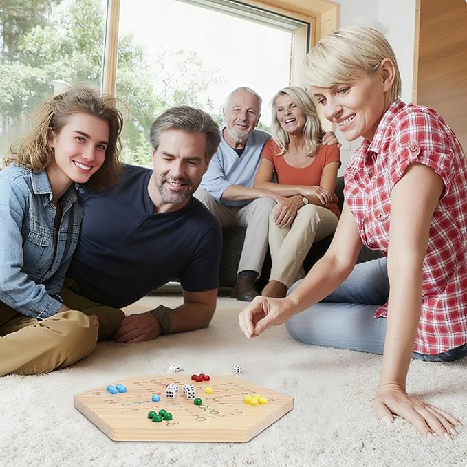 HOROW Wahoo Board Game Wooden Original Board Game 15 inch Classic 2 Side Painted Fast Track Game for 4 Player and 6 Player with 30 Marbles6 Dices for Family Game Night