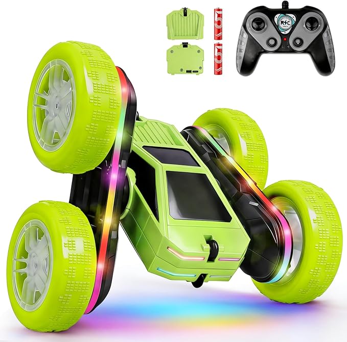 Remote Control Car Rc Cars Stunt RC Crawler Toys 4WD 360° Rotating with LED Light-Up Wheels &amp Remote Control for 6-12 for Boys Birthday Gift (Green)
