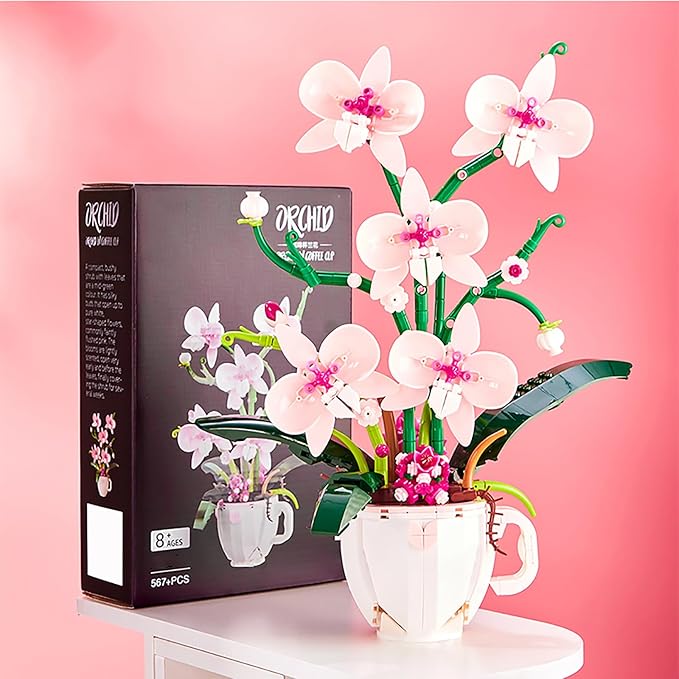 Pink Orchid Flower Building Set for Adults Coffee Cup Orchid Botanical Collection Plant Building Kit Home and Office Decor Gift for Christmas Day Valentines Birthday 567pcs