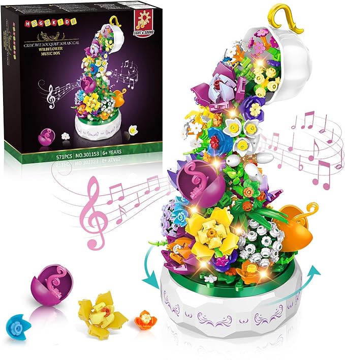 HOGOKIDS Flowers Music Box Building Block Kit with Light- 571PCS Valentines Day Gifts Decoration Rotating Music Box Blocks Set | Botanical Collection Birthday Gift Girls Boys Adults Kids Ages 6+
