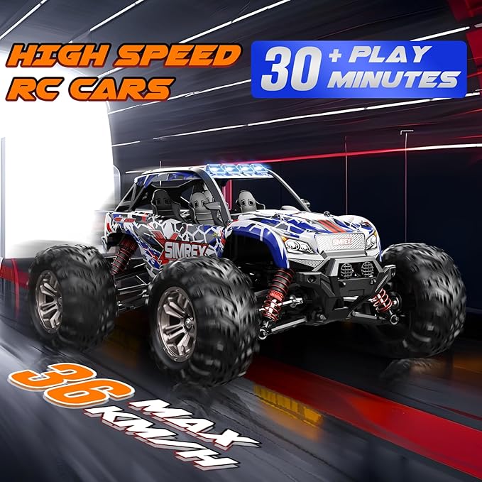 SIMREX 1/16 Scale Hobby RC Car 36 KPH High-Speed 4WD RC Truck 2.4 GHz Remote Control Car All-Terrain Electric Vehicle 4X4 Remote Contral Moster Truck for Kids and Adults