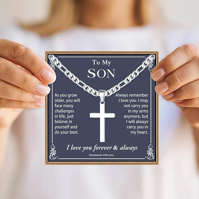 IEFLIFE Easter Basket Stuffers - Cross Necklace Easter Gifts for Men Boys Silver Figaro Chain Cross Necklace Jewelry Christian Baptism Gifts for Boys Birthday Gift for Dad Husband Son Grandson