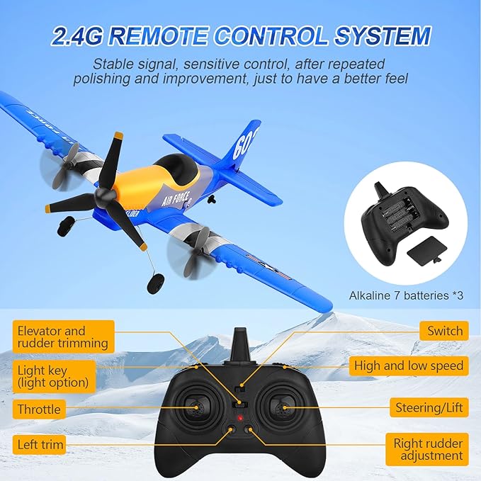 RC Plane 3-Channel 2.4GHZ RC Airplane P51D Mustang Fighter with 2 Batteries KF602 Remote Control Plane Gyroscopes Stabilization System Easy to Fly Suitable for Beginners Kids Adults