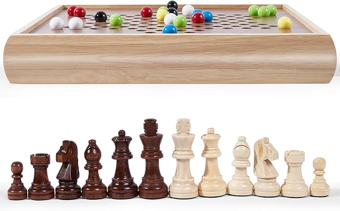 VAMSLOVE 13 Chess Chinese Checkers 2 in 1 Wooden Board Game Set with Pieces Storage Drawer - 2 Extra Queens Bonus Marbles for Birthday Gift (Instructions Included)